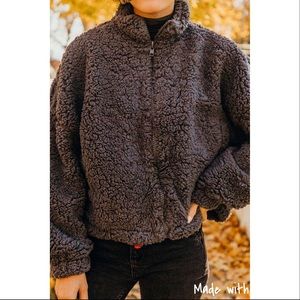 UO Willow Fuzzy Charcoal Drawstring Teddy Jacket